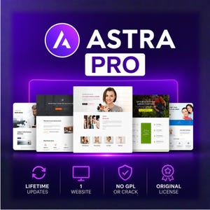 Puede incluir: Gráfico digital con el texto "ASTRA PRO" en letras blancas sobre fondo morado. La imagen presenta maquetas de sitios web e iconos para actualizaciones de por vida, un sitio web, sin GPL ni crack y licencia original.