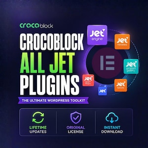 Puede incluir: Gráfico promocional para "ALL JET PLUGINS" de Crocoblock. El diseño presenta el logotipo de Crocoblock, los nombres de los plugins y el texto "THE ULTIMATE WORDPRESS TOOLKIT". También se incluyen iconos para actualizaciones de por vida, licencia original y descarga instantánea.