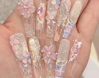 Fairycore 3D Flower Press On Nails Nude Glitter Butterfly Nails