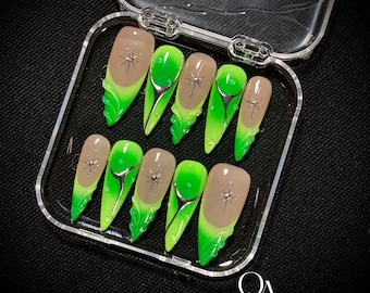 Tropical Sunset 3D Flower Press On Nails, Neon Pink Orange Summer, Jelly Gradient Nails, Handmade Long Stiletto Nails, Vacation Beach Nail