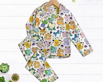 Cute Cartoon Monster Pajamas Set, Long Sleeve Button Sleepwear, Kawaii Print Nightwear, Cozy Homewear Gift