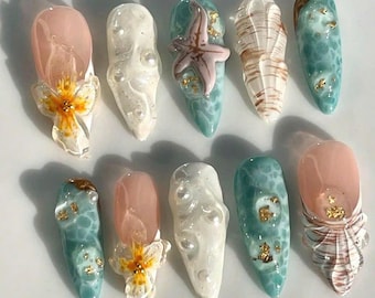 Summer Beach Press On Nails, Tropical Nail Box, Handmade Reusable Nails, Ocean & Seashell Nail Set, Fun Colorful Summer Nails