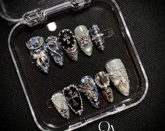 Luxury Handmade Stiletto Press On Nails, Gothic Gold Accents, Reusable Set