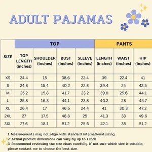 May include: A size chart for adult pajamas, with measurements in inches for top and pants. The chart includes sizes XS to 3XL, detailing top length, shoulder, bust, sleeve, length, waist, and hip measurements. The text "ADULT PAJAMAS" is at the top.