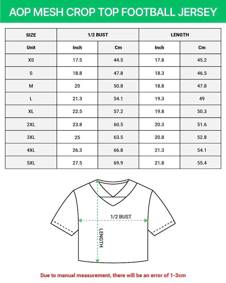 May include: A chart detailing the size specifications for an AOP mesh crop top football jersey. The chart includes measurements for bust and length in inches and centimeters, ranging from XS to 5XL. A diagram of the crop top is also included.