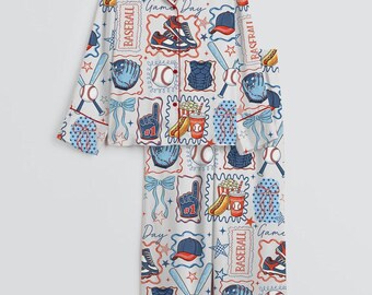 Baseball Mom Game Day Pajama Set: Satin Button-Down Shirt & Pants