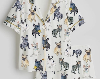 French Bulldog Pajama Set, Cartoon Dog Satin Sleepwear, Dachshund Lover Nightwear