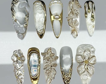 Handmade Sculpted Press On Nails – 3D Floral Chrome Pearl Statement Stiletto