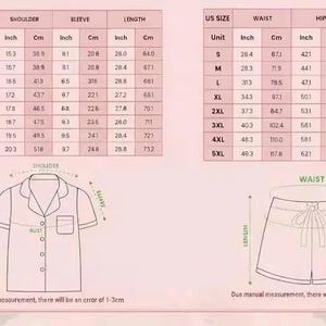 May include: Size charts for a pajama set, including measurements in inches and centimeters for bust, shoulder, sleeve, waist, hip, and length. Diagrams of the shirt and shorts are also included.
