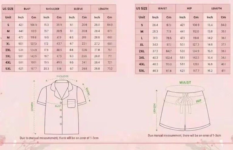 May include: Size charts for a pajama set, including measurements in inches and centimeters for bust, shoulder, sleeve, waist, hip, and length. Diagrams of the shirt and shorts are also included.