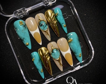 Turquoise Stone Press On Nails, Gold Chrome Marble Nails, Luxury Teal Nail Set, Handmade Long Stiletto Nails, Elegant False Nails