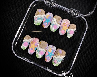 Ocean Beach Press On Nails, Seashell Starfish Turtle Summer Almond Set