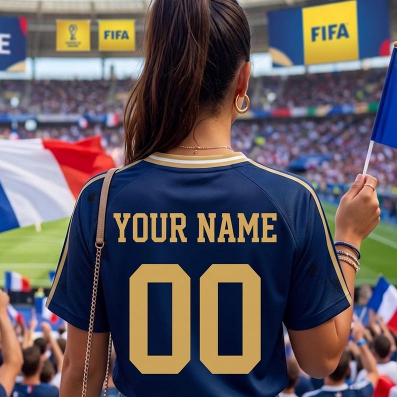 May include: Navy blue soccer jersey with gold lettering and trim. The jersey features the text "YOUR NAME" and the number "00". The background shows a stadium with spectators and flags.