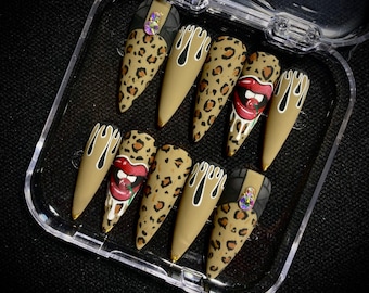 Gold Leopard Press On Nails, Nude Animal Print Nails, Luxury Gold Chrome Nails, Handmade Long Coffin Nails, Glam Leopard False Nail Set