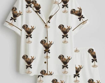 Dachshund Martini Glass Pajama Set, Dog Lover Satin Sleepwear