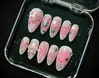Handmade Stiletto Press On Nails, Pink Kawaii Charm Set, Reusable Girly Design