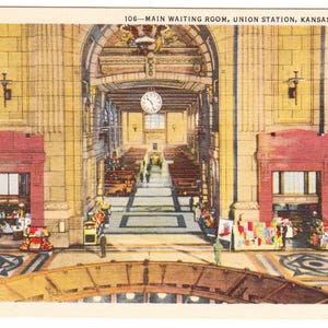 Kansas City MO Missouri c.1940s–1956 – Postcard – Union Station Main Waiting Room Interior – Curt Teich Art-Colortone Linen – Fred Harvey