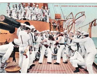 U.S. Warship Boxing Match c.1907 old postcard – Sailors Boxing, Military Naval Life – Color