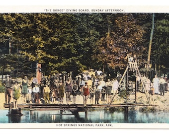 Hot Springs National Park, Arkansas c.1944 – Postcard – Gorge Diving Board Bathers Scenic View – Vintage Collectible Postcard