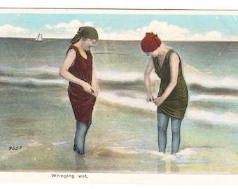 Vintage Bathing Women Postcard 1910s – “Wringing Wet” – Edwardian Fashion Swimsuits – Series 766 BATHERS 24 DES.