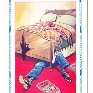 May include: Vintage illustration with text: "I WAS A FOOL TO START RE-WIRING THIS SET. I'VE GONE AND KNOCKED THE ACCUMULATOR OVER NOW!" A person's legs are visible under a bed. A magazine titled "WIRELESS WEEKLY" is on the red floor.