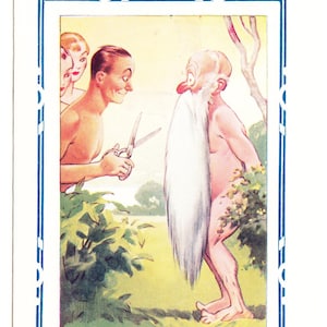 Peut inclure: Illustration de carte postale vintage avec le texte : "WE'RE GIVING YOU ONE MORE CHANCE, GRANDPA---EITHER YOUR BEARD COMES OFF OR YOU RESIGN FROM THE CLUB!". Un homme se prépare à couper une longue barbe blanche avec des ciseaux. Thème humoristique et vintage.