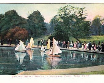 Vintage Central Park New York Postcard – Sailing Small Boats Pond – Early 1900s Color Litho – NYC Leisure Scene