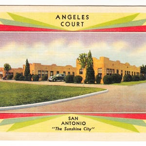 Cartão-postal de San Antonio, Texas, por volta de 1940 – Angeles Court Tourist Court – Curt Teich Linen – Vista do Fredericksburg Road Motel