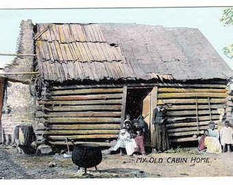 Afroamerikanische Familie – Postkarte von ca. 1905 – „Mein altes Blockhaus“ – Blockhüttenszene – Ländliches Leben – Rosin & Co – Antikes Sammlerstück