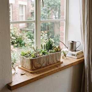 Rectangular Ceramic Succulent Planter – 12 Inch Shallow Pot with Drainage Tray