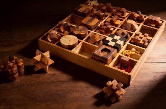 Wooden Brain Teaser Puzzle Set – 3D Mind Games for Adults & Kids, Birthday Gifts