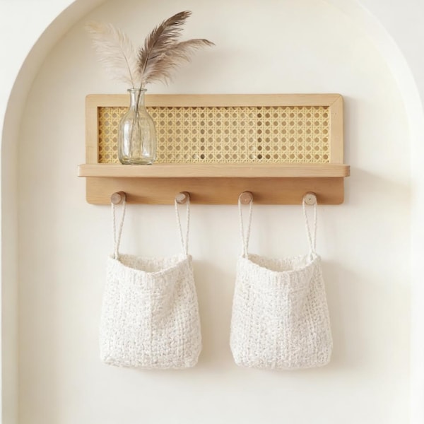 Rattan Wall Coat Rack - Floating Shelf & 4 Hooks for Mudroom