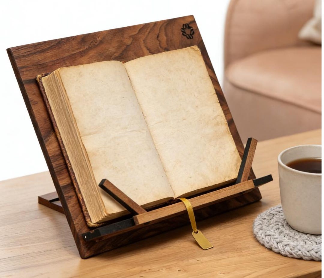 Handmade Walnut Cookbook Stand – 11.8" X 9" Kitchen Recipe Holder for Books & Tablets, Hands-Free Reading Accessory