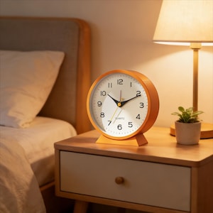 May include: A round, orange quartz alarm clock with a white face and black hands sits on a wooden nightstand. The clock has black numerals and a small, yellow second hand. A small potted plant and a lamp are also on the nightstand.