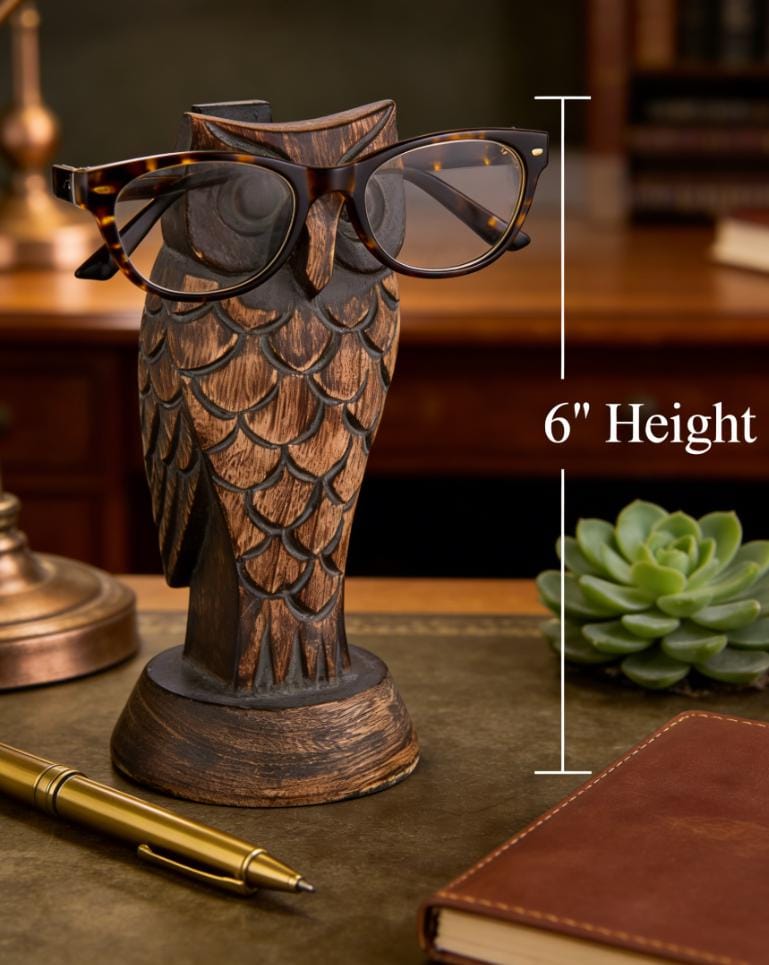 Mango Wood Owl Glasses Holder &ndash; Rustic Nightstand Stand for Reading Glasses