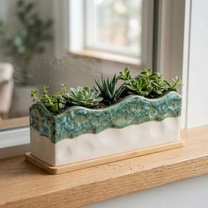 Rectangular Ceramic Succulent Planter – Glazed Pot with Bamboo Tray