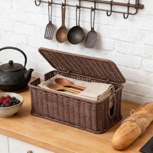 May include: A brown wicker picnic basket with an open lid, containing wooden utensils and a linen napkin. The basket sits on a wooden countertop, next to a bowl of berries and a loaf of bread.