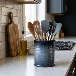 May include: A cylindrical ceramic utensil holder with a dark blue to light gray gradient finish, filled with a collection of kitchen tools including wooden spoons, a metal wire whisk, and gray silicone spatulas and tongs with wooden handles.