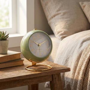 May include: A green and gold analog alarm clock with a round face and a gold base. The clock sits on a wooden nightstand next to a small potted succulent and a stack of books. The clock's face has gold hands and numbers.