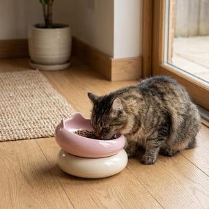 May include: A two-tiered ceramic pet bowl featuring a light pink upper dish with small cat-ear accents and a cream-colored base. The bowl is filled with dry brown kibble, and a brown tabby cat is eating from it on a wooden floor.