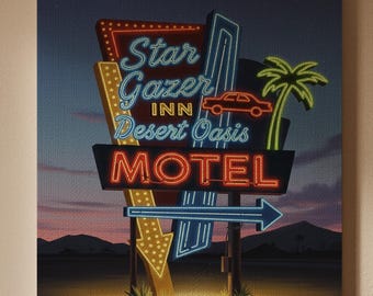 Retro Motel Sign Art, Neon Desert Canvas, Vintage Road Trip Print, Americana Wall Decor, Night Motel Canvas, Midcentury Modern Artwork