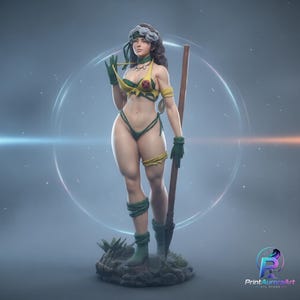 May include: A detailed figurine of a character with long brown hair featuring a white streak, wearing a yellow and green two-piece outfit, green gloves, and green boots. The character holds a tall wooden staff and stands on a rocky base.