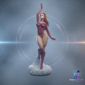 May include: A figurine of a female character with long red hair, wearing a maroon bodysuit with a circular emblem on the chest and matching boots. The character is posed with one arm raised, standing atop a white cloud-like base. Text reads PrintAuroraArt.