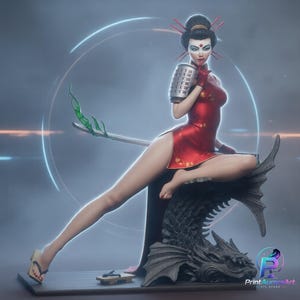 May include: A figurine of a character with dark hair in a bun, wearing a red dress and a metallic shoulder guard, sitting on a dark dragon-like base. The character holds a sword with a green flame effect and wears traditional wooden sandals.