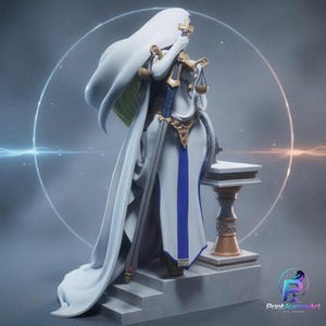 Puede incluir: Una figura blanca y azul con una túnica larga y fluida que sostiene una espada grande y una balanza. La figura está sobre una escalera de piedra junto a un pedestal. El texto PrintAuroraArt STL STORE es visible en la esquina inferior derecha.
