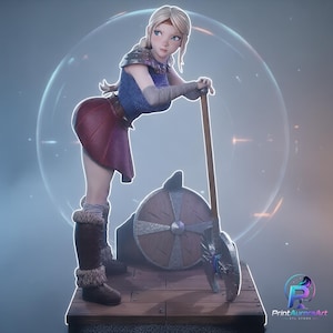 May include: A 3D figurine of a blonde warrior character wearing a blue tunic, a dark red skirt, and brown fur-lined boots. The character leans on a long-handled battle axe next to a round wooden shield with metal trim, all set on a wooden platform.