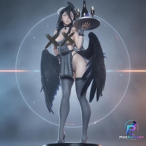 May include: A figurine of a winged character with long black hair, wearing a grey apron over a dark outfit and thigh-high stockings. The character has large black wings, holds a silver tray with a bottle and two glasses, and features black X marks.