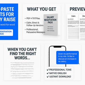 May include: A digital product advertisement with the text "COPY-PASTE SCRIPTS FOR SALARY RAISE" and "SALARY NEGOTIATION PACK". The image includes previews of the product's content, such as PDF files, and a smartphone screen with a sample message.