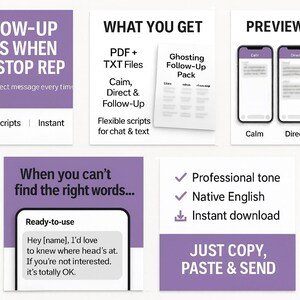 Könnte beinhalten: Werbung für ein digitales Produkt mit lila und weißem Text. Der Text enthält "Follow-Up Texts When They Stop Rep", "Copy-Paste Scripts" und "Just Copy, Paste & Send". Das Bild zeigt auch Beispiel-Textnachrichten und ein "Ghosting Follow-Up Pack".