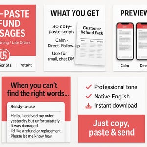 Może przedstawiać: Zbiór czerwono-białych grafik promujących wiadomości o zwrocie pieniędzy typu kopiuj-wklej. Grafiki zawierają tekst, taki jak "Copy-Paste Refund Messages" i "Just copy, paste & send". Obraz zawiera również przykładowe wiadomości i podglądy ekranów telefonów.